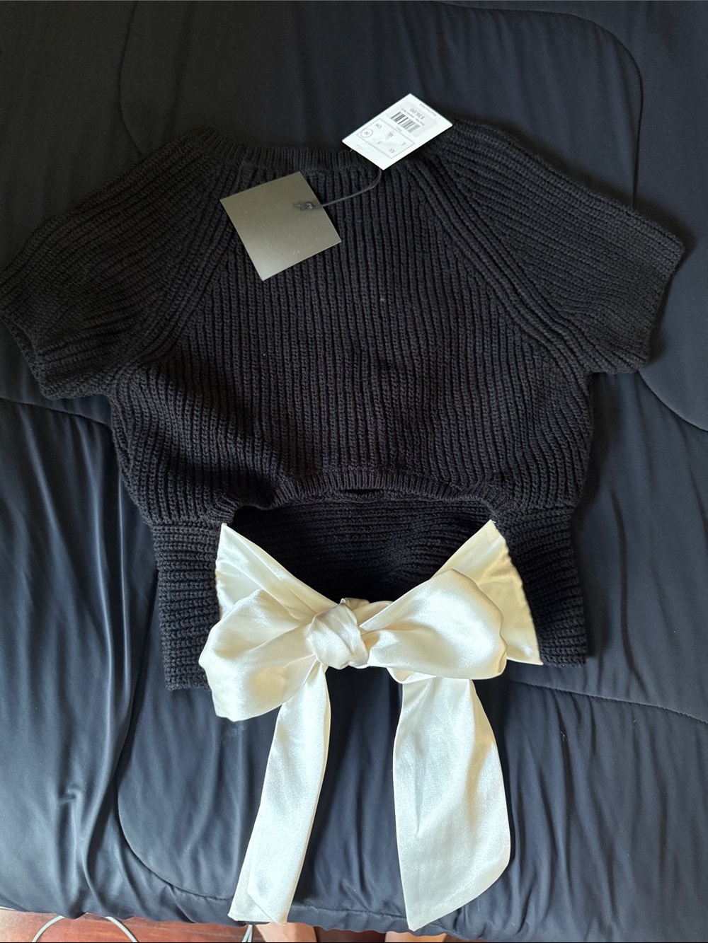 Le Lis Black Short-Sleeve Crewneck Sweater with Cream Satin Back Tie